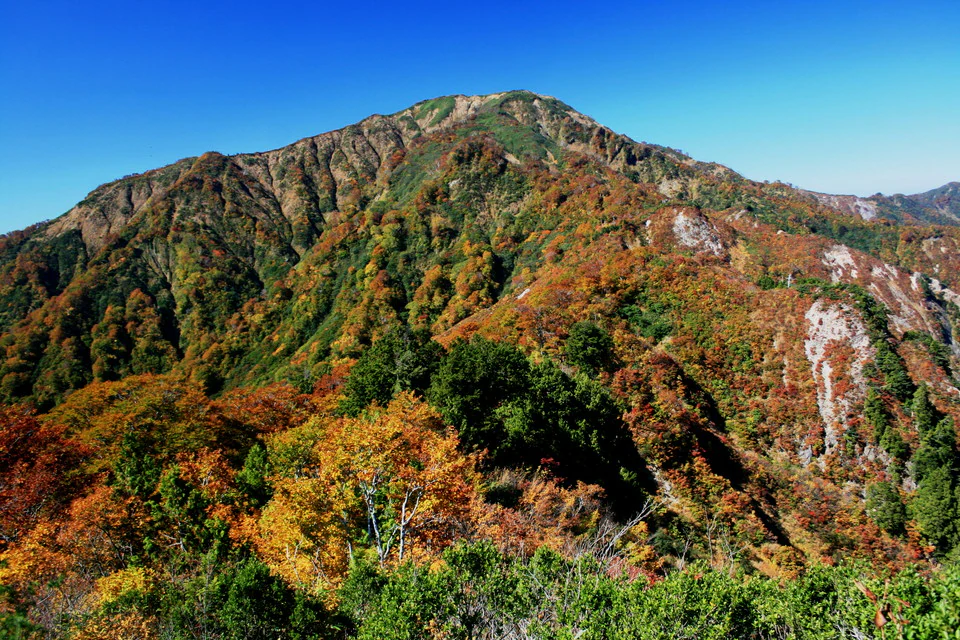 Paisaje montañoso con follaje otoñal mostrando Ogasayama visto desde Maeoizurugatake