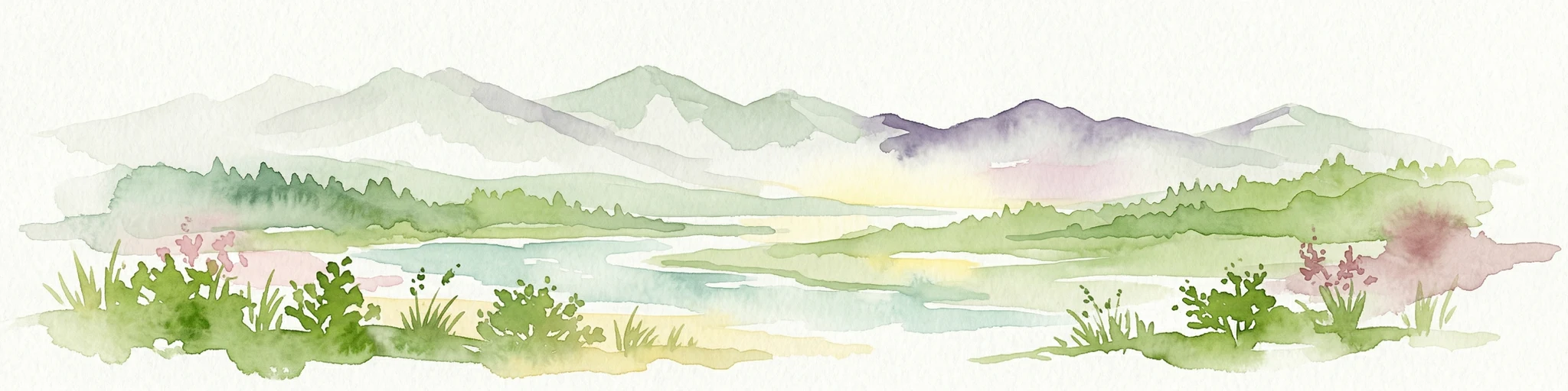 Ilustración de acuarela de un paisaje montañoso con un lago, hierbas y flores