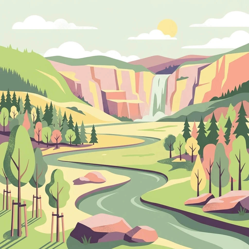 A flat-style vector illustration showing a winding river flowing through a valley surrounded by colorful stylized trees, rocky cliffs, and a distant waterfall under a pale sky.