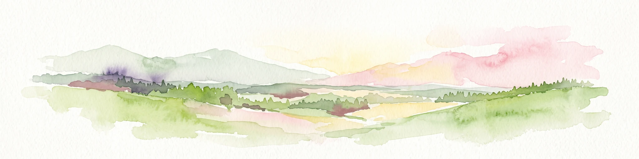 A watercolor painting showing a wide view of soft, green rolling hills against a pale, warm-toned sky.