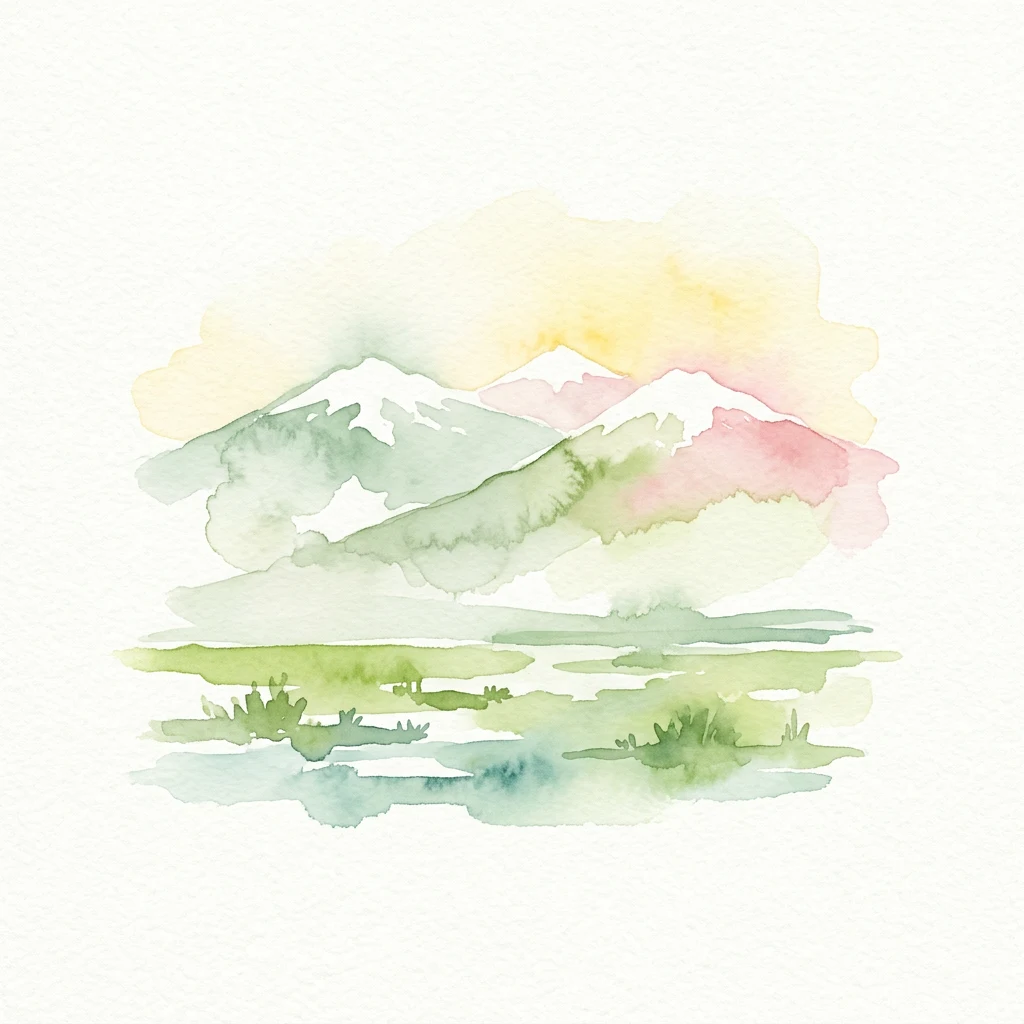 Watercolor illustration of snow-capped mountains, green valleys, and a lake under a pastel sky