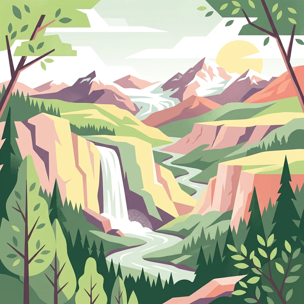 Ilustración estilizada de un paisaje montañoso con una cascada, río, zonas boscosas y picos nevados bajo un cielo soleado