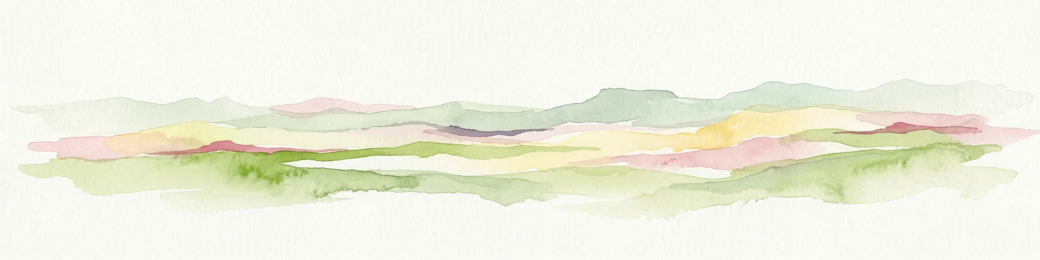Paisaje abstracto de acuarela con tonos pastel suaves de verde, rosa, amarillo y púrpura