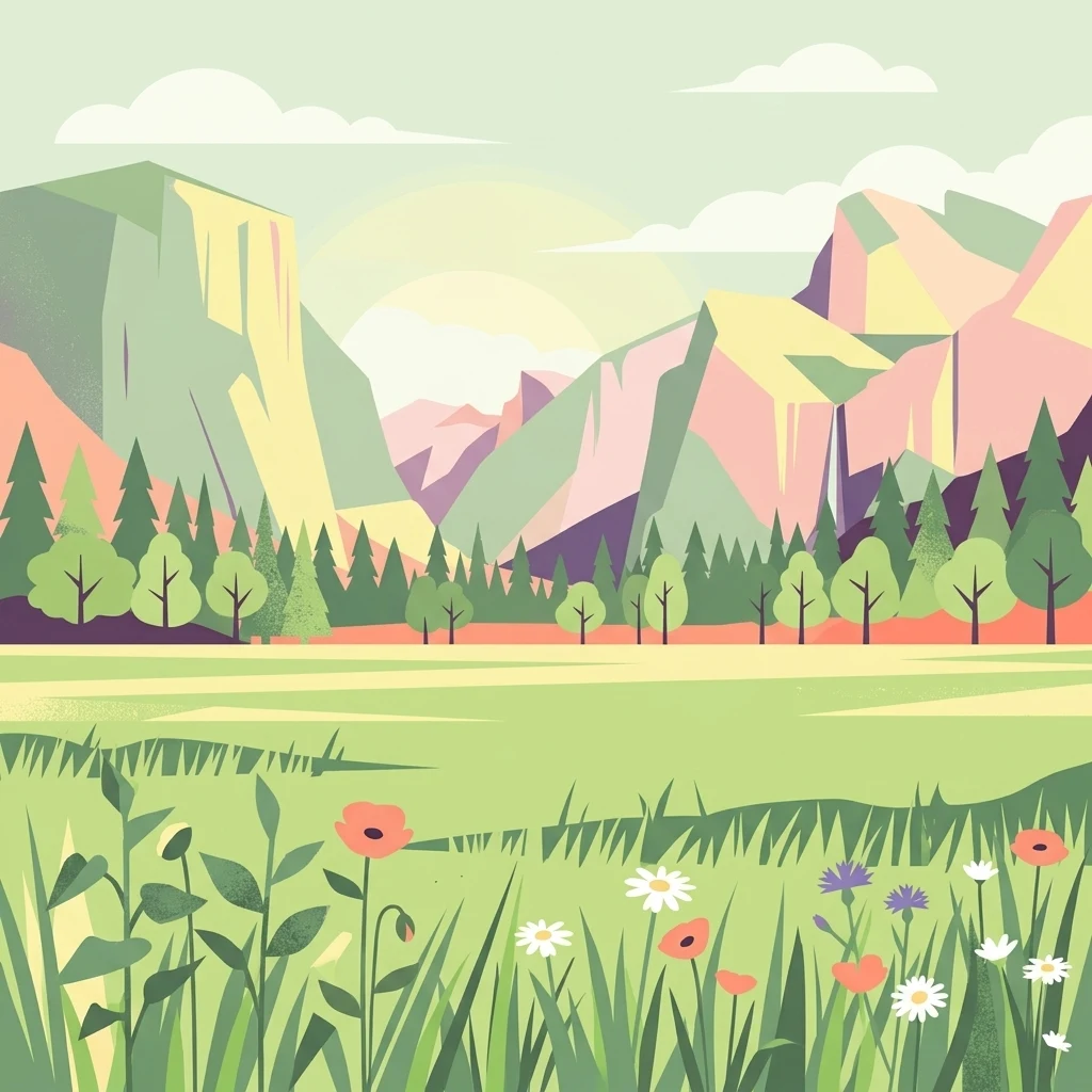 A digital illustration of a green meadow with wildflowers in the foreground, backed by a forest and large jagged mountains under a soft sun.