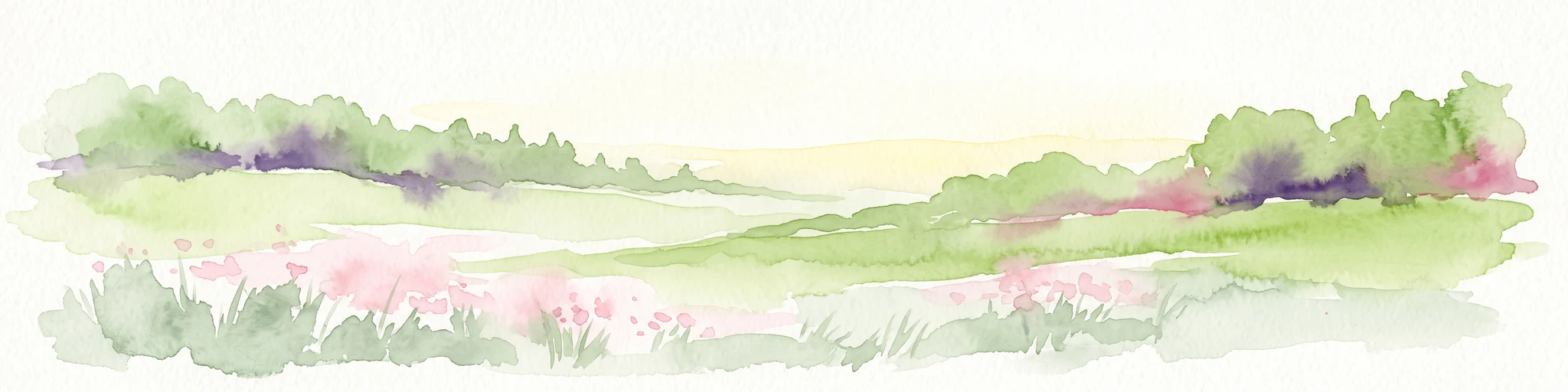 Una suave ilustración en acuarela de un paisaje de prados ondulados con hierbas verdes y flores rosadas sobre un fondo claro.