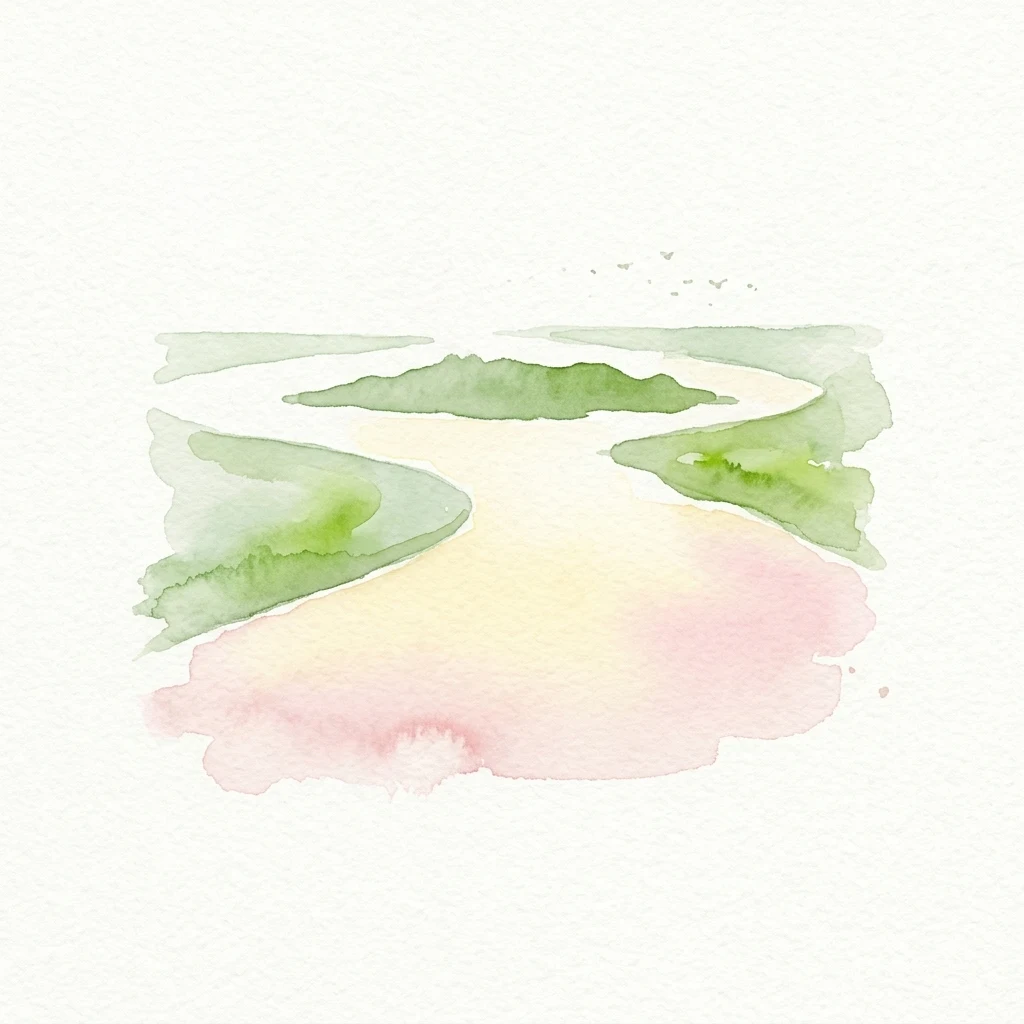 Watercolor painting of a winding river with green and pink hues flowing through marshy areas