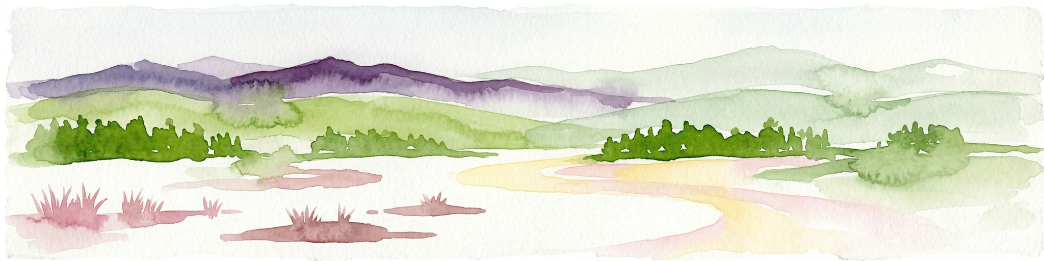 Pintura de acuarela de un paisaje con un río sinuoso, colinas verdes y vegetación dispersa bajo un cielo pálido