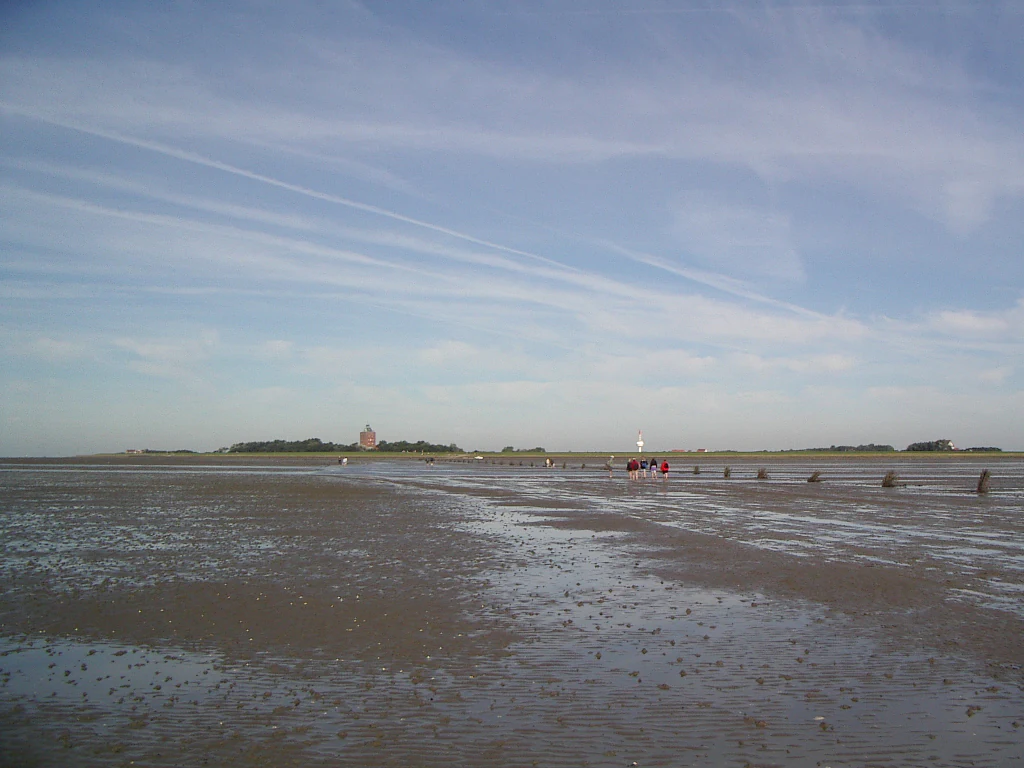 Wet, muddy tidal flats under a partly cloudy sky with distant Neuwerk Island and a few people walking