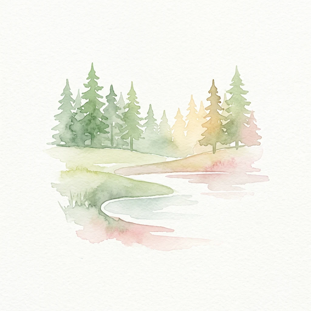 Watercolor illustration showing trees, a river, and reflections in water