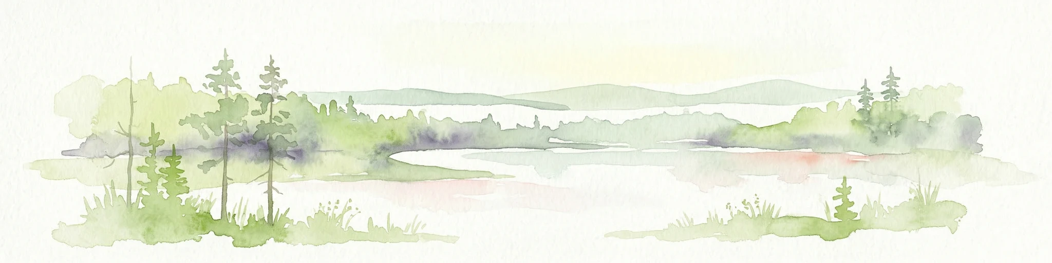 Ilustración en acuarela de un lago rodeado de árboles y colinas distantes con un cielo suave