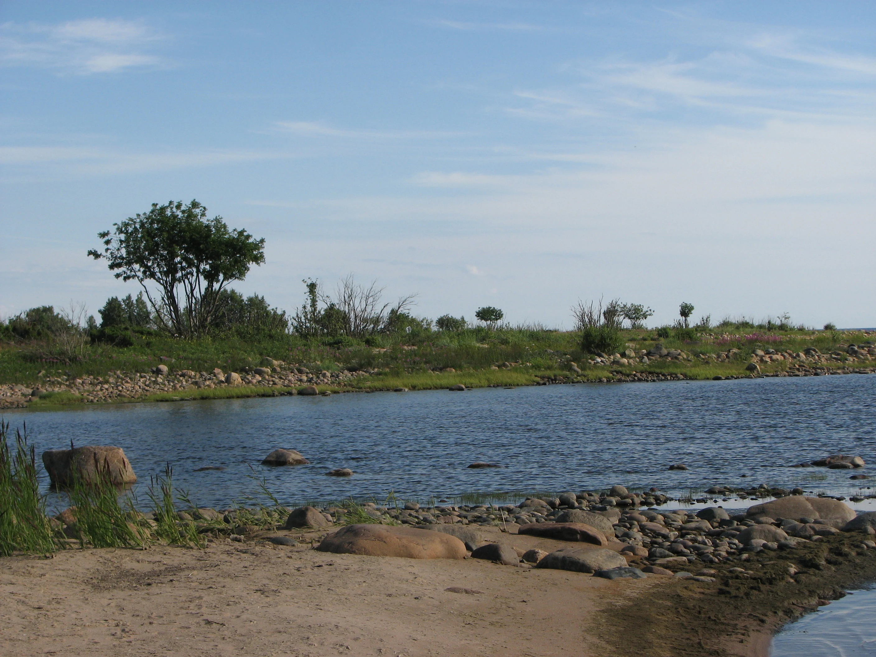 Sandskär island shoreline with calm water, rocks, sandy beach, and sparse vegetation under a partly cloudy sky