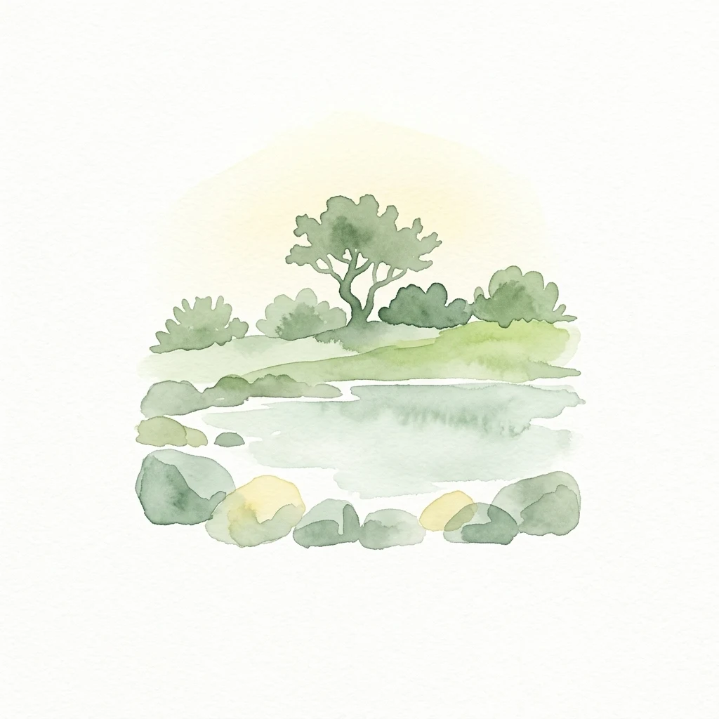 Watercolor illustration of a lake with rocks, trees, and a pale yellow sky