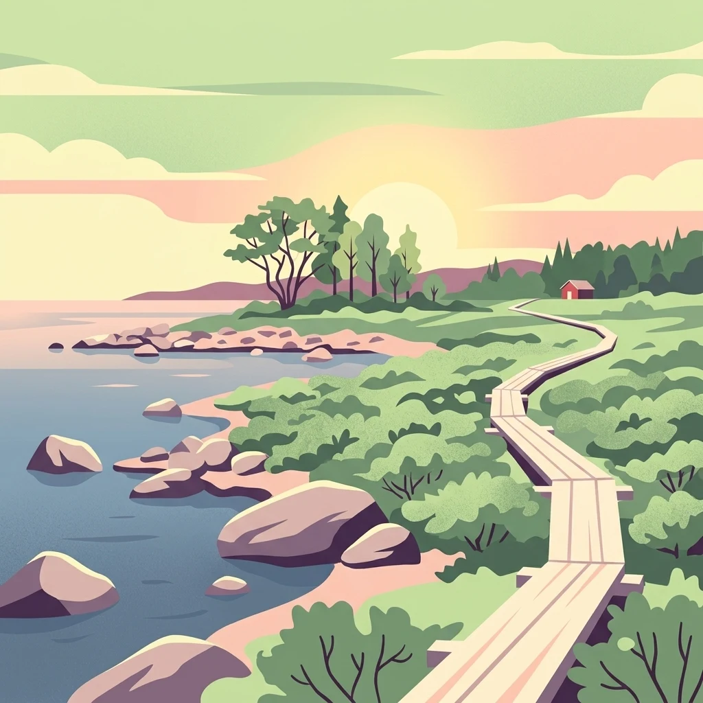 Ilustración de un paseo marítimo de madera a lo largo de una costa rocosa con árboles, agua y una puesta de sol