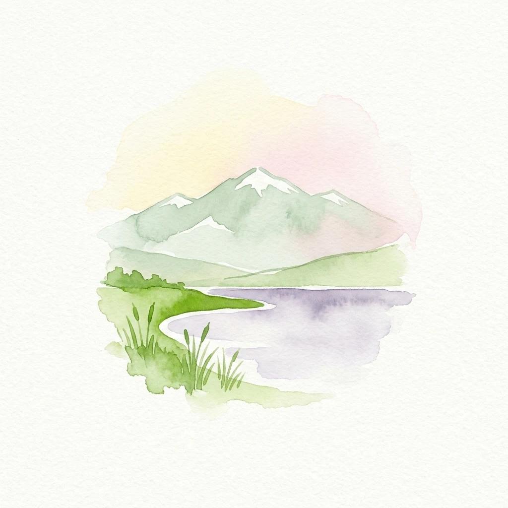 Watercolor painting showing a lake surrounded by mountains with snow-capped peaks