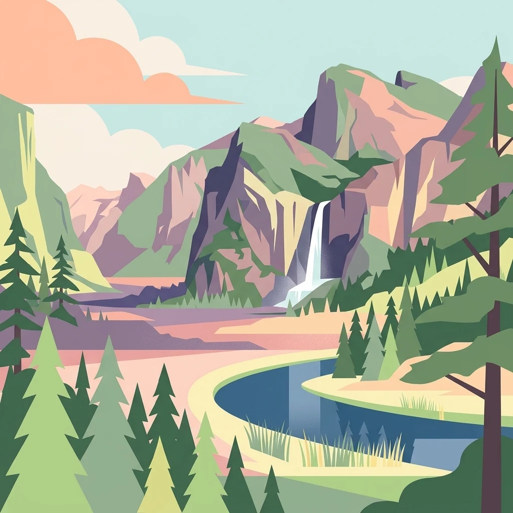 Illustration of a mountainous landscape with a waterfall, river, and forest with pine trees in the foreground