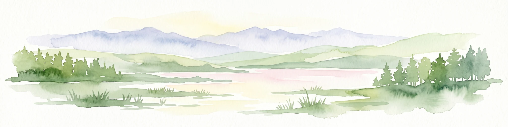 Ilustración en acuarela de un lago con montañas al fondo, rodeado de árboles y hierba