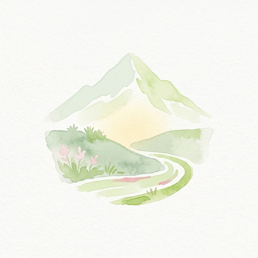 Watercolor illustration showing a mountain peak, winding path, green hills, and pink flowers