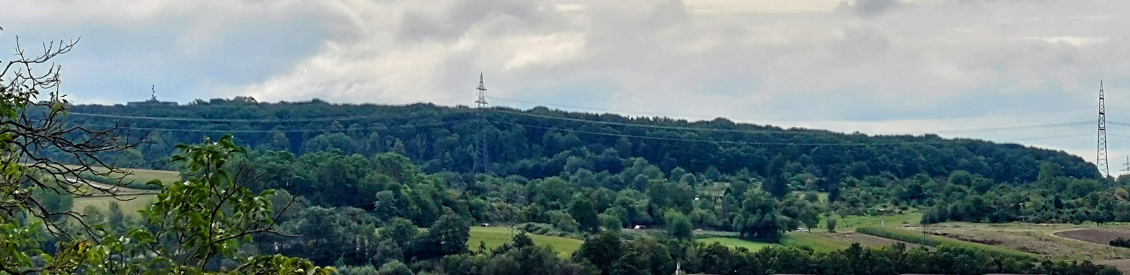 A panoramic view of a dense, forested hill under a cloudy sky, with electricity pylons visible along the ridgeline and rural fields in the foreground.