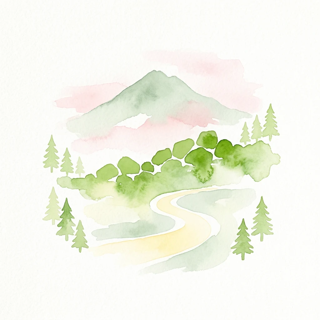 Pintura de acuarela que muestra pinos, un sendero sinuoso y montañas al fondo