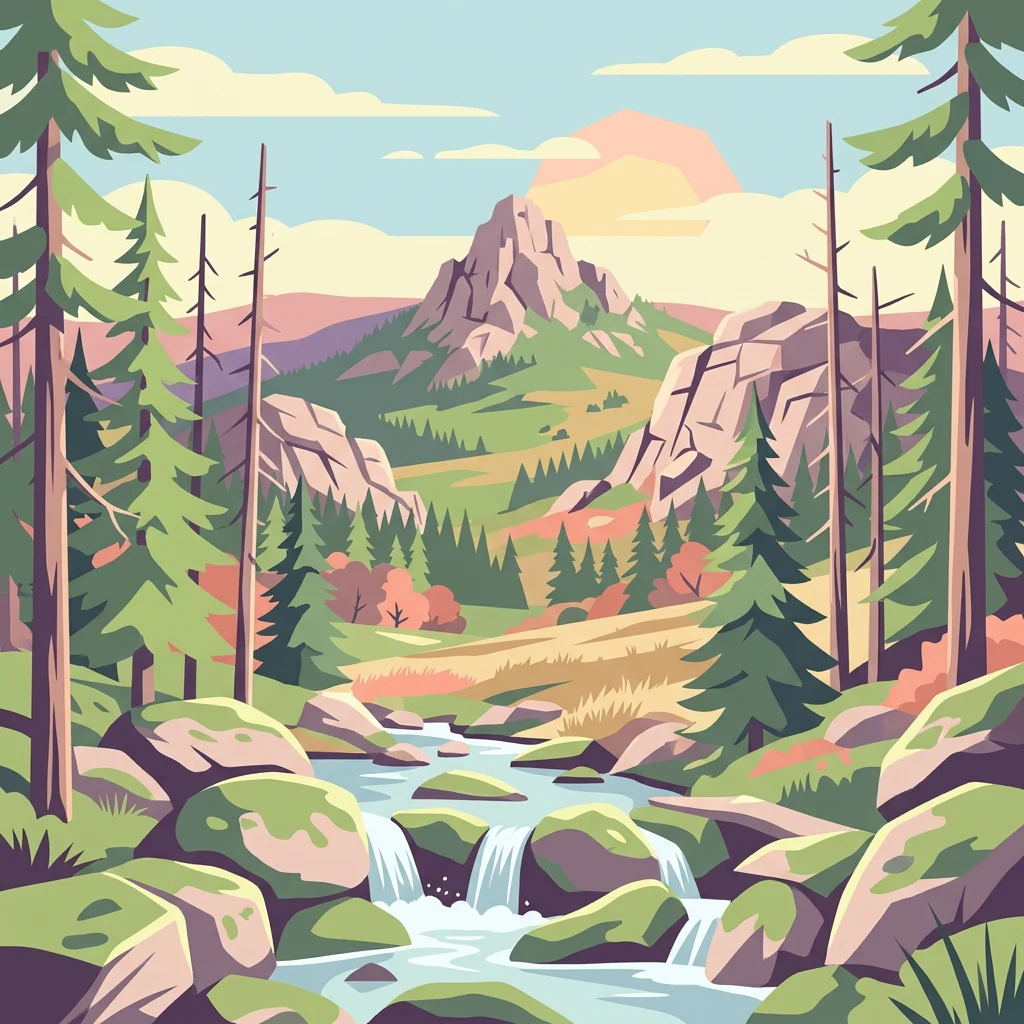 Ilustración de un arroyo de montaña rodeado de pinos y afloramientos rocosos con picos distantes bajo un cielo parcialmente nublado