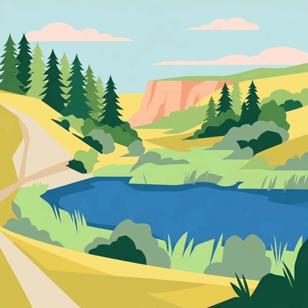 Una ilustración vectorial plana de un paisaje natural con un sendero serpenteante que conduce hacia un estanque azul, rodeado de árboles de hoja perenne, colinas cubiertas de hierba y un acantilado rocoso en la distancia.