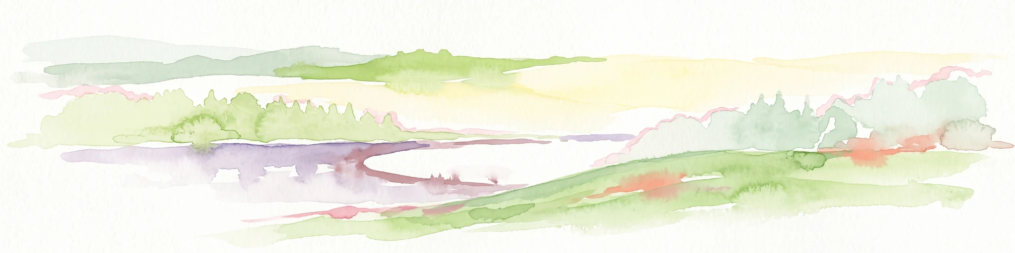 A minimalist watercolor painting featuring soft green, yellow, and purple tones depicting a rolling hill landscape with trees and distant hills.