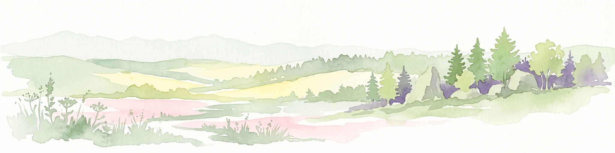 Una ilustración horizontal en acuarela que muestra un paisaje panorámico suave, con colinas verdes onduladas, pequeños grupos de árboles y formaciones rocosas sobre un fondo blanco.