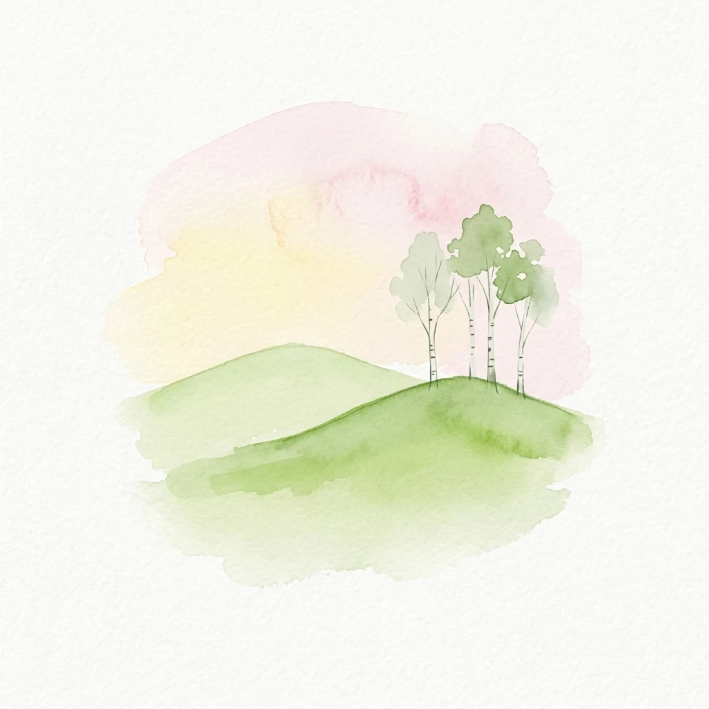 A watercolor painting showing green hills, four trees, and a pastel sky with pink and yellow hues