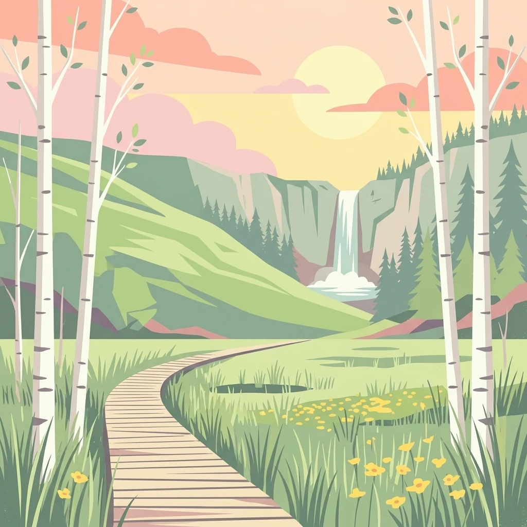 Illustration showing a wooden boardwalk path through a meadow with birch trees and yellow flowers leading to a waterfall in a mountainous landscape with a setting sun