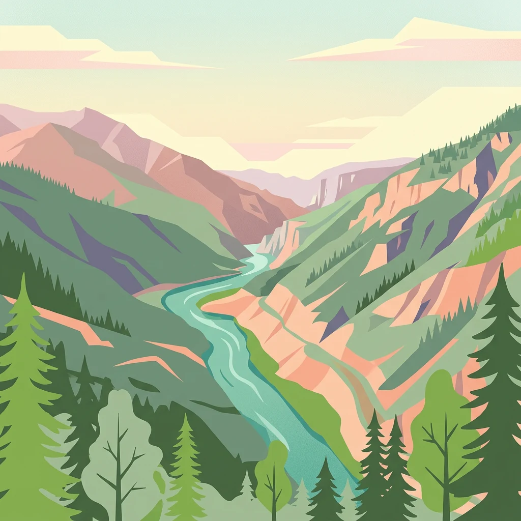 Ilustración de un valle de montaña con un río, rodeado de bosques y acantilados rocosos bajo un cielo claro
