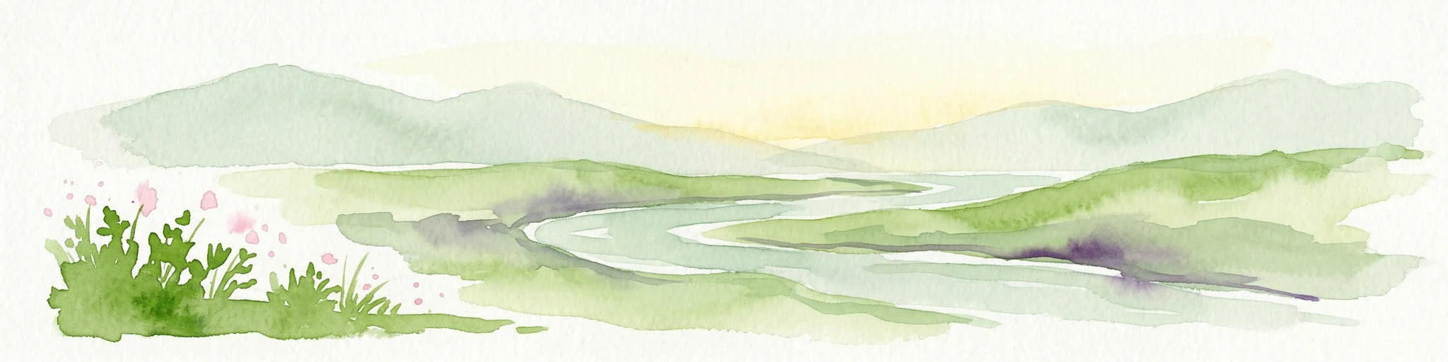Ilustración acuarela de un río serpenteante a través de colinas verdes con flores rosas en primer plano