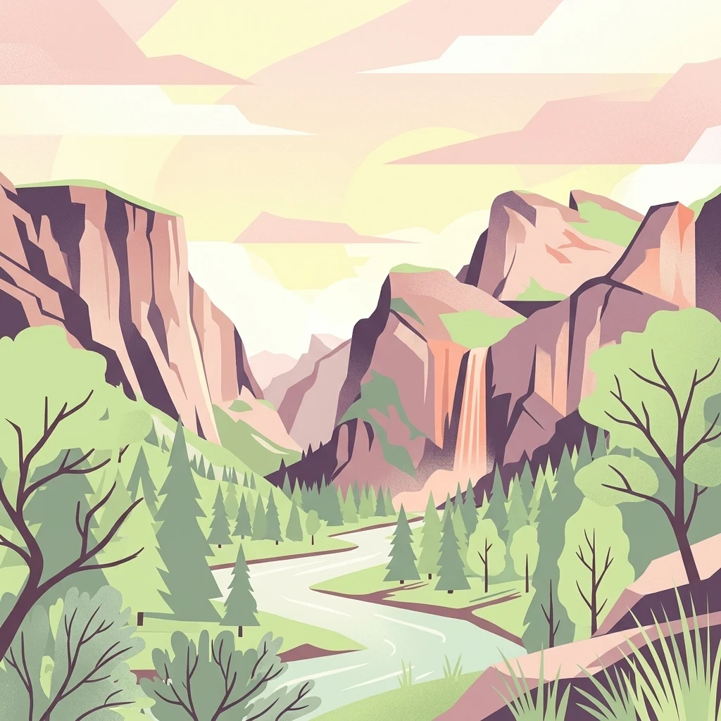 A flat-style digital illustration depicting a valley with steep rocky cliffs on both sides, a flowing river in the foreground, evergreen trees, and a waterfall cascading down the cliff face on the right.