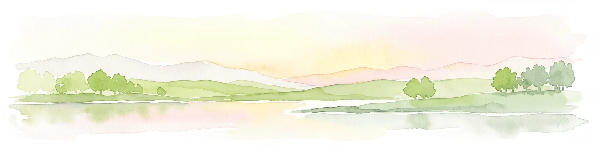 A soft watercolor painting showing a panoramic view of green grassy hills, scattered trees, and a calm water surface reflecting a pale dawn or sunset sky.