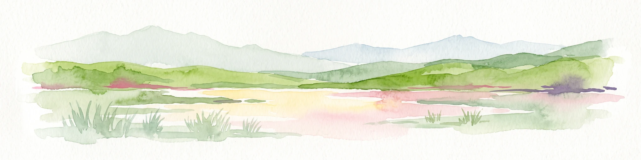 A soft, horizontal watercolor painting of a wetland landscape with grassy areas and muted, rolling hills in the background.