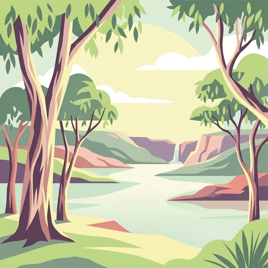 A flat-style digital illustration of a river winding between trees and rocky hills, with a small waterfall in the distance and a soft sun in the sky.