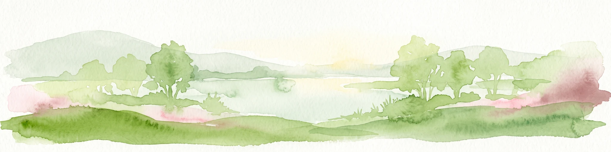 A pale, minimalist watercolor illustration depicting a soft green landscape with trees, rolling hills, and a water body in the center.