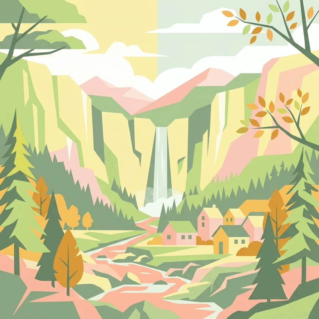 A stylized vector illustration of an alpine valley featuring steep rock cliffs, a waterfall, a flowing river, pine trees, and a small cluster of houses.