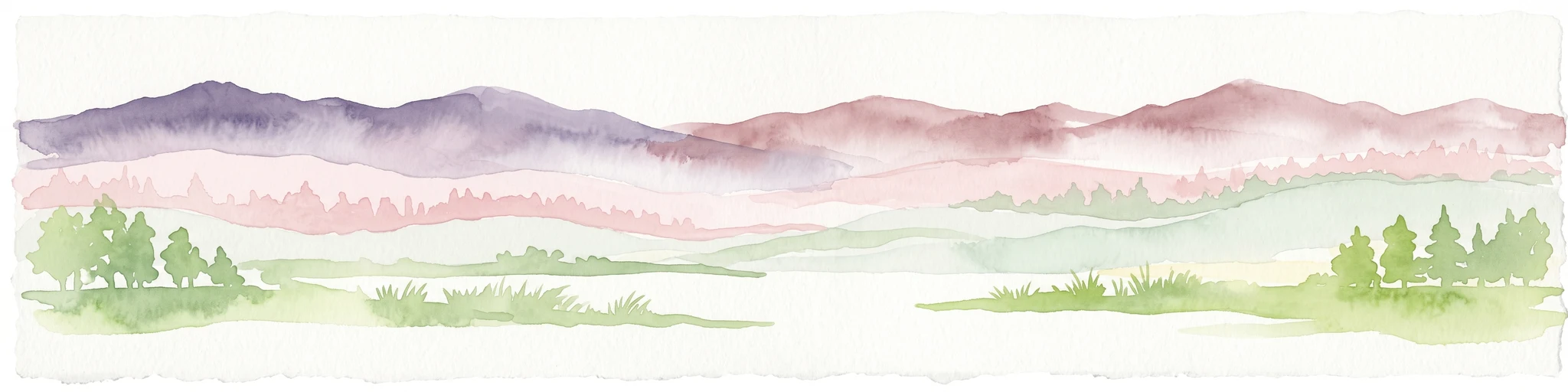 Una ilustración en acuarela de un paisaje con picos montañosos en capas de color púrpura y rosa al fondo y árboles verdes suaves en primer plano, sobre un fondo blanco liso.