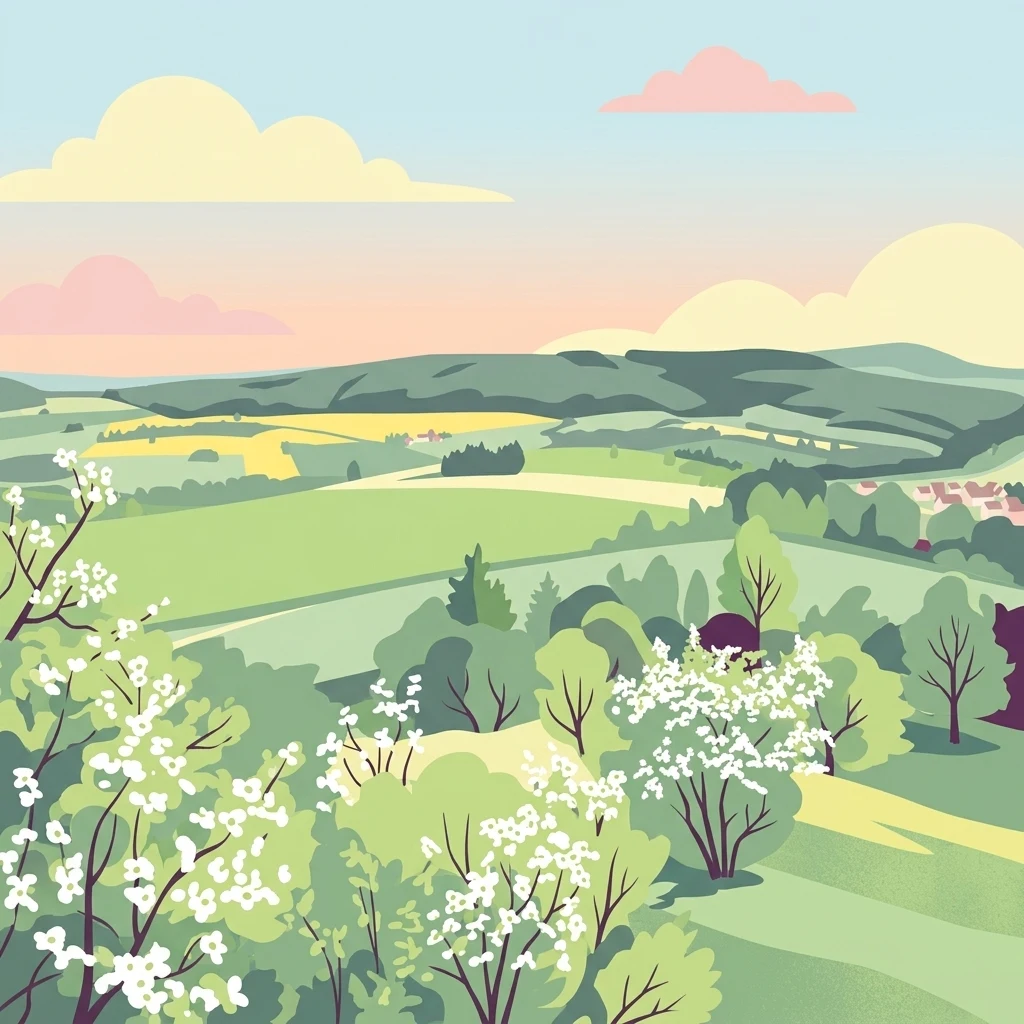 A soft-toned digital illustration of rolling hills and fields with blooming white bushes in the foreground, representing a countryside nature reserve.