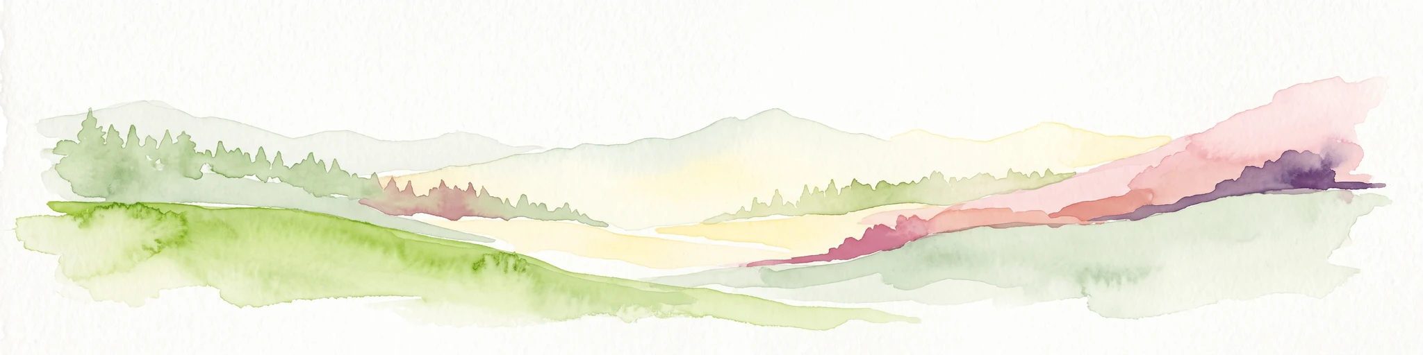 Watercolor painting of a soft landscape with green hills, patches of trees, and muted earth tones, suggesting a rural or park setting.