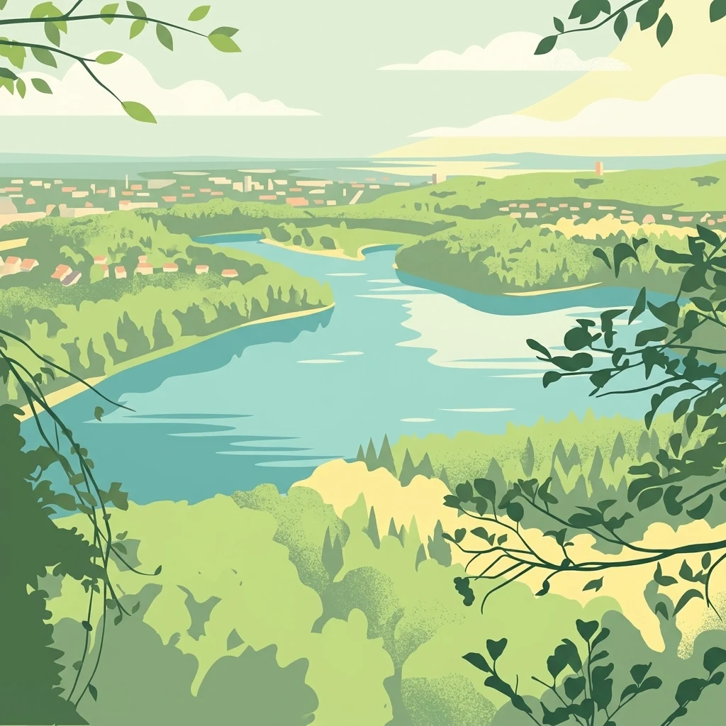 A stylized digital illustration of a lake landscape with dense green forests in the foreground, rolling hills in the distance, and light sky above.