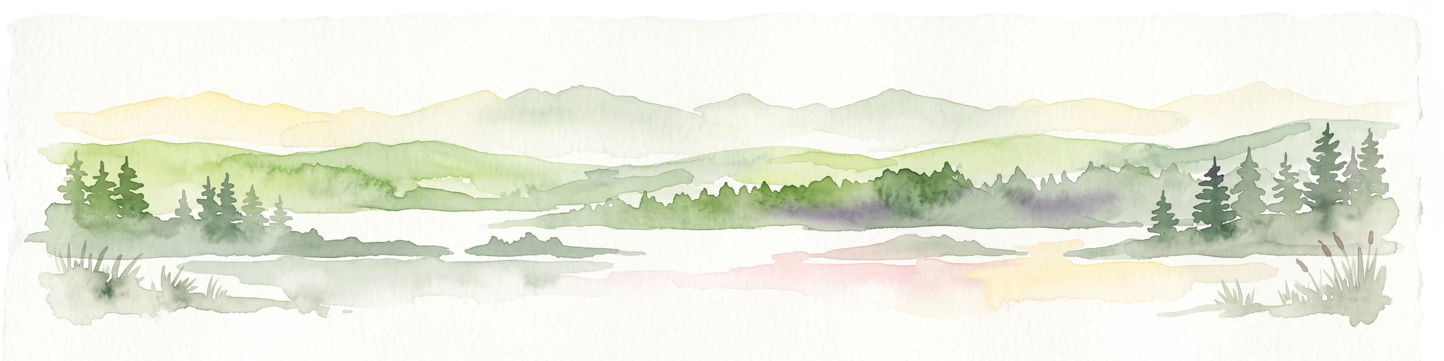 A horizontal watercolor painting depicting a calm lake surrounded by low, rolling hills and coniferous trees under a soft, pale sky.
