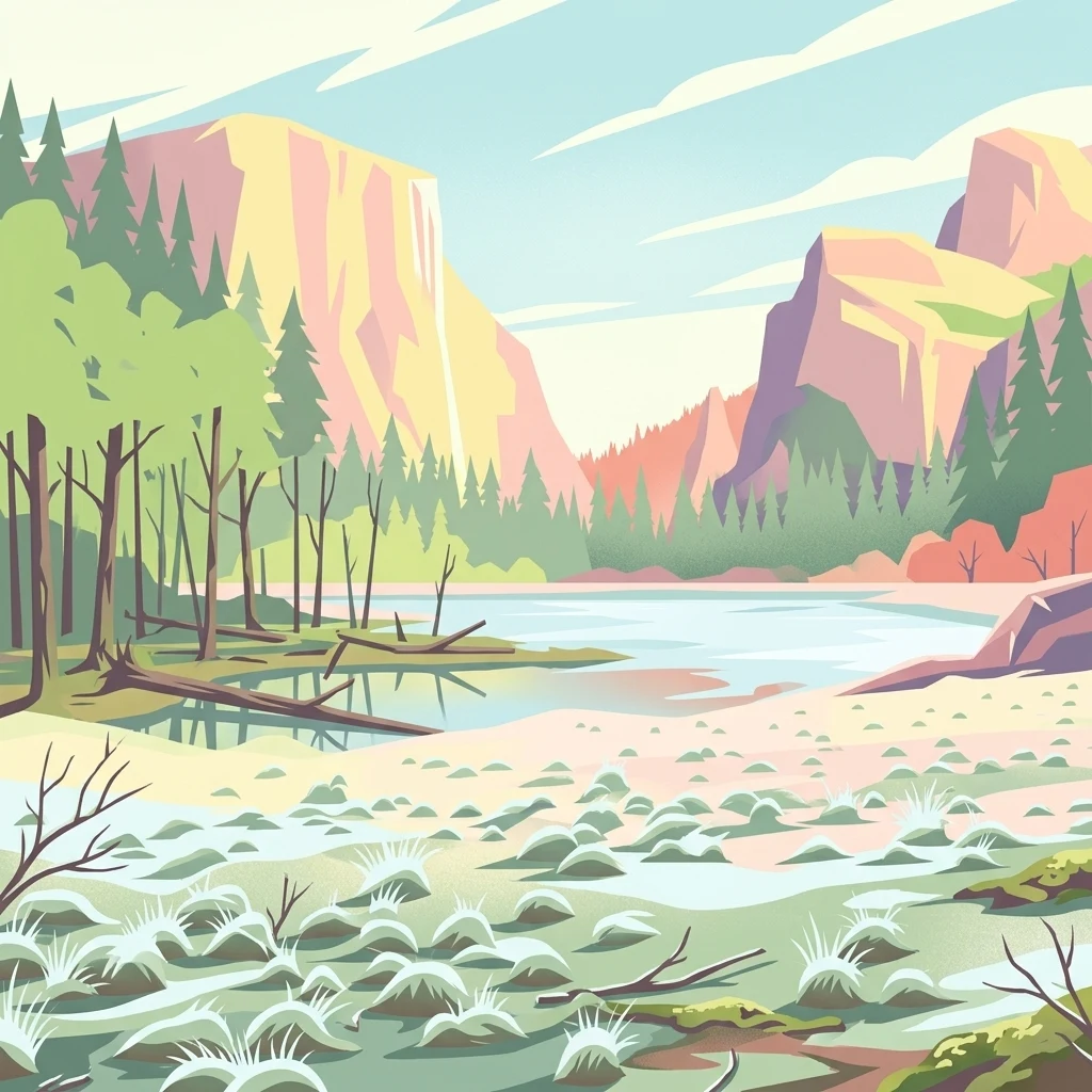 A graphic illustration showing a lake surrounded by forest, grassy wetlands, and mountains under a light sky.