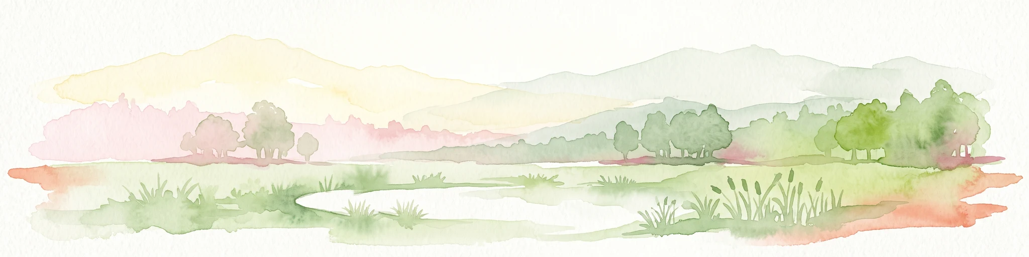 Watercolor illustration of a pond in a moorland landscape with soft green hills and trees in the background.