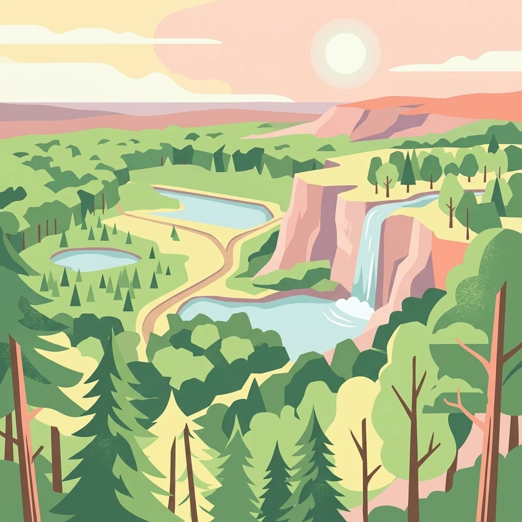 Una ilustración digital de estilo plano que muestra un paisaje de bosque verde frondoso con una cascada que cae desde un acantilado hacia un estanque de agua.