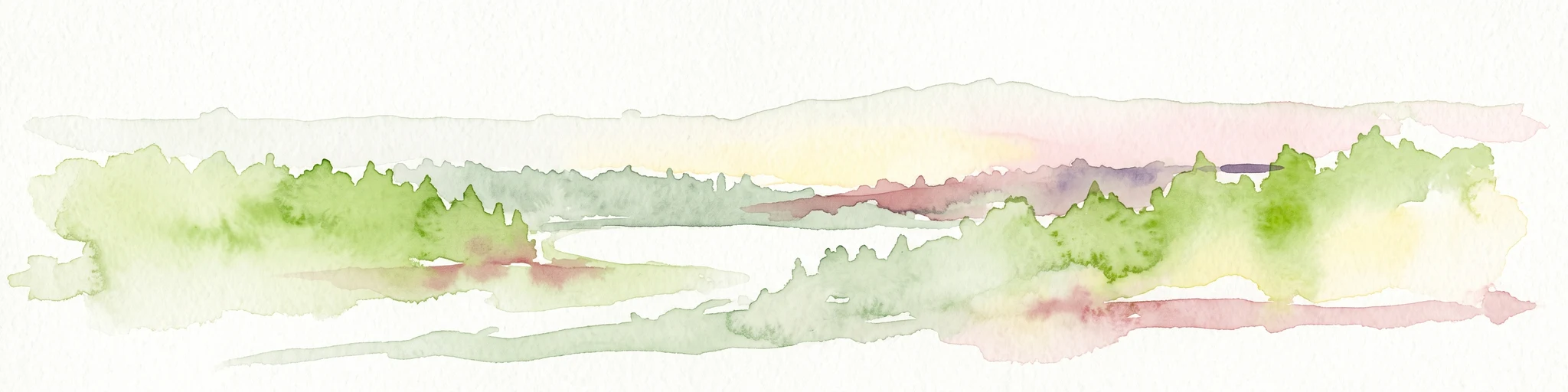 A horizontal watercolor painting depicting a soft, impressionistic forest landscape with green trees, subtle hints of pink and purple, and a light background.