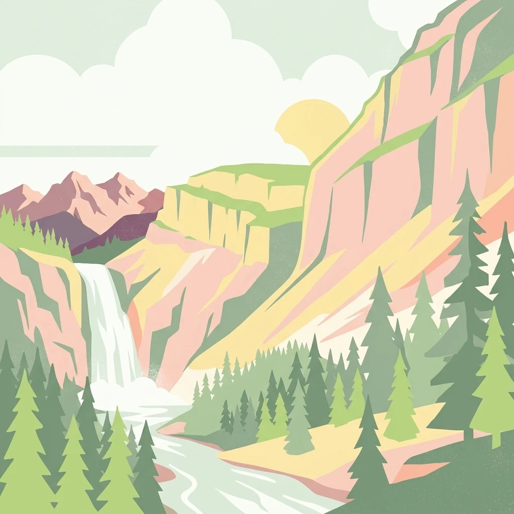 Una ilustración digital de un paisaje montañoso con una alta cascada que cae en un río, rodeada de árboles de hoja perenne, con acantilados estilizados y un sol poniente al fondo.