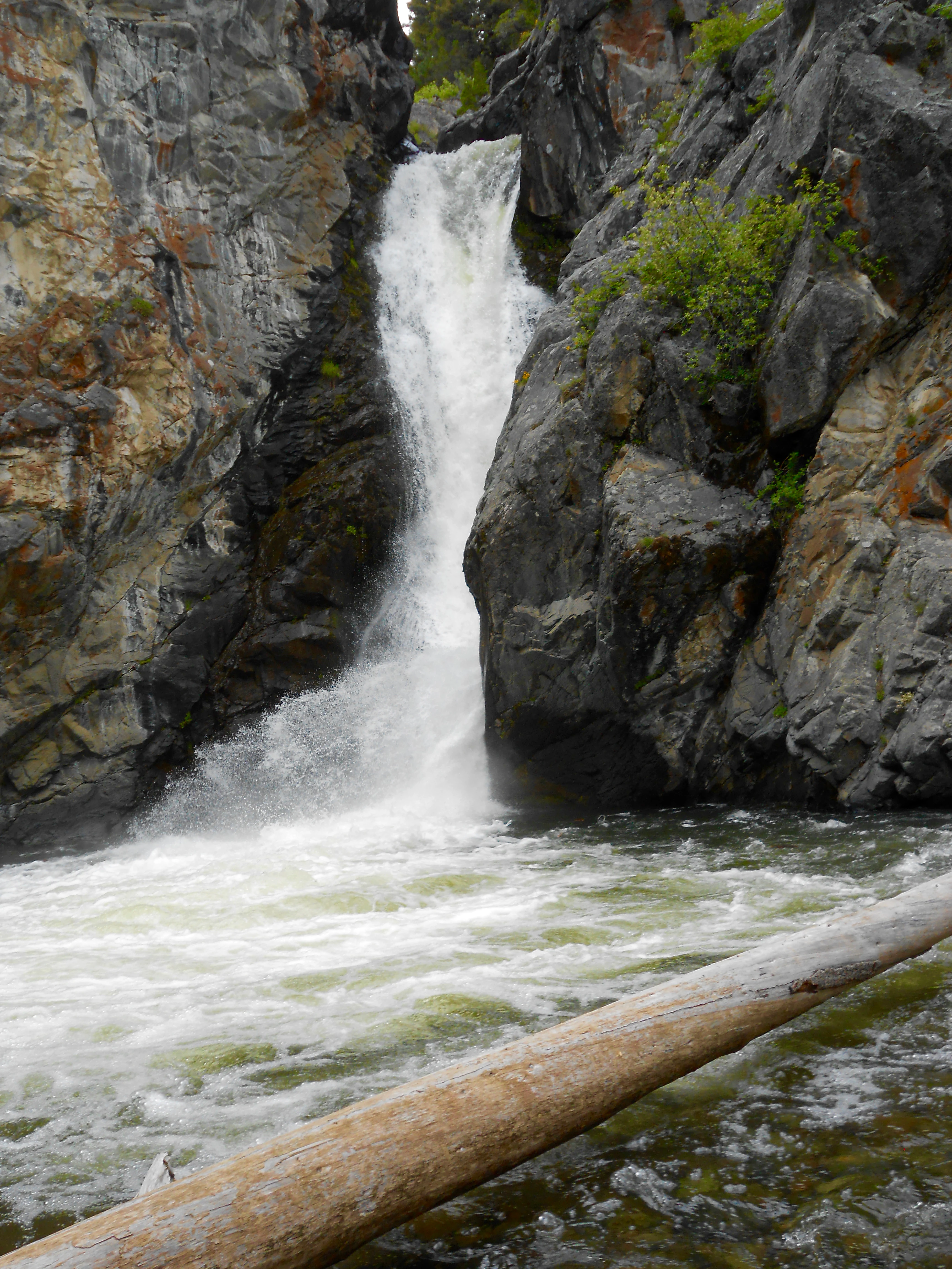 A waterfall flows down between sheer dark rocky cliffs into a turbulent stream with a large log in the foreground.