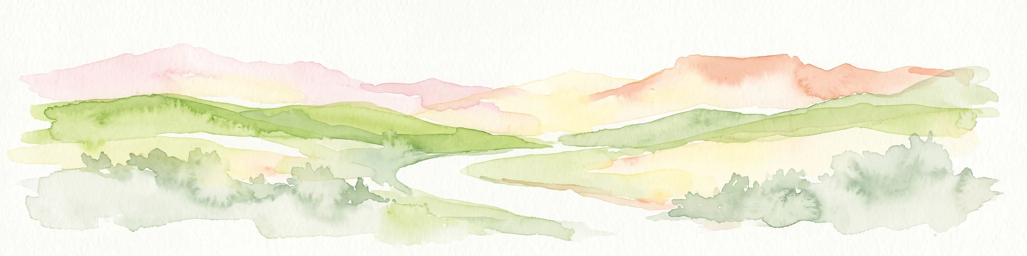 Una pintura en acuarela que representa una cadena montañosa suave y estilizada, y un río que serpentea a través de un valle.