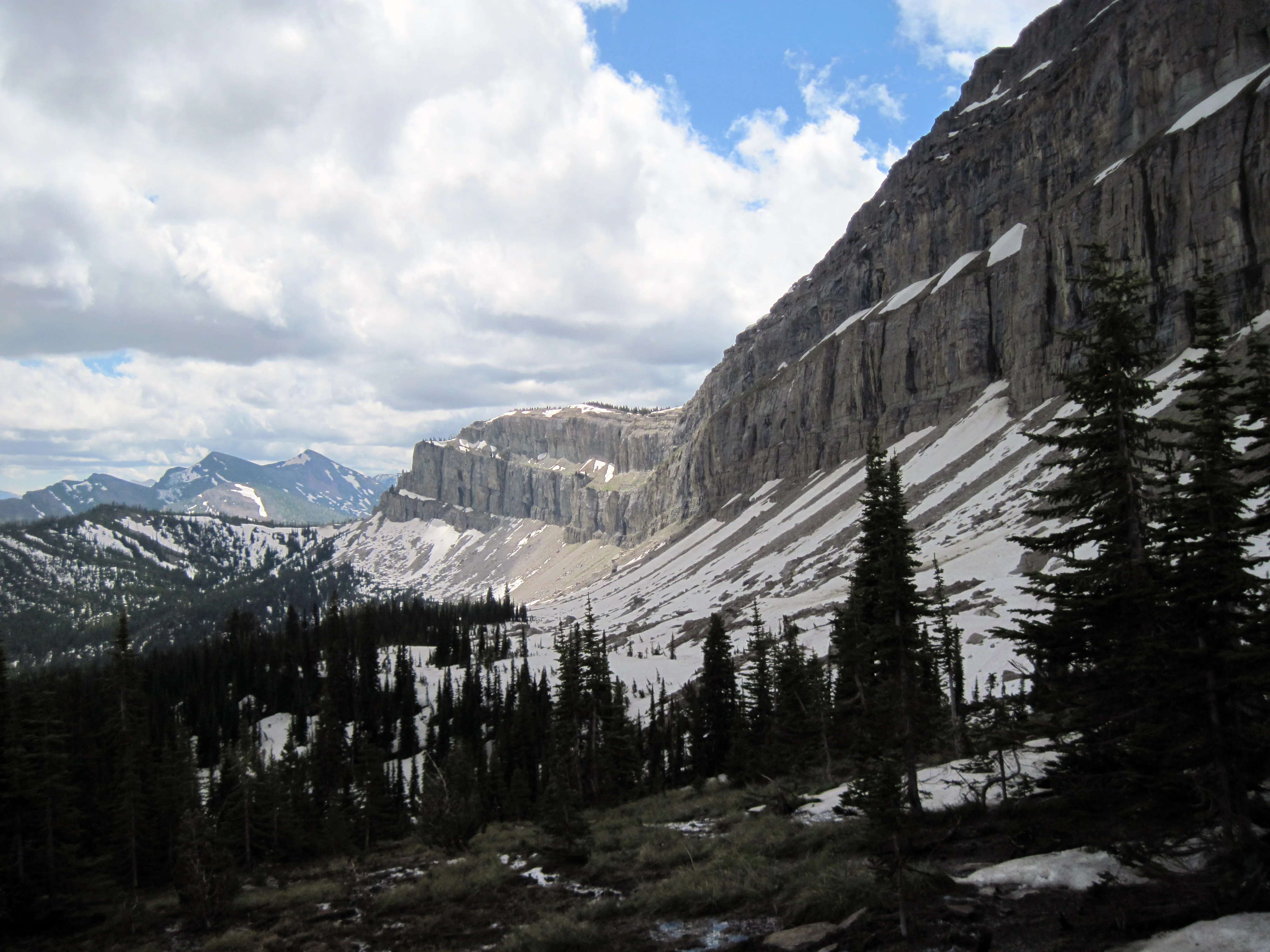 A wide, mountainous landscape featuring a long, massive limestone cliff face known as the Chinese Wall, with patches of snow on the slopes and surrounding coniferous forest under a cloudy sky.
